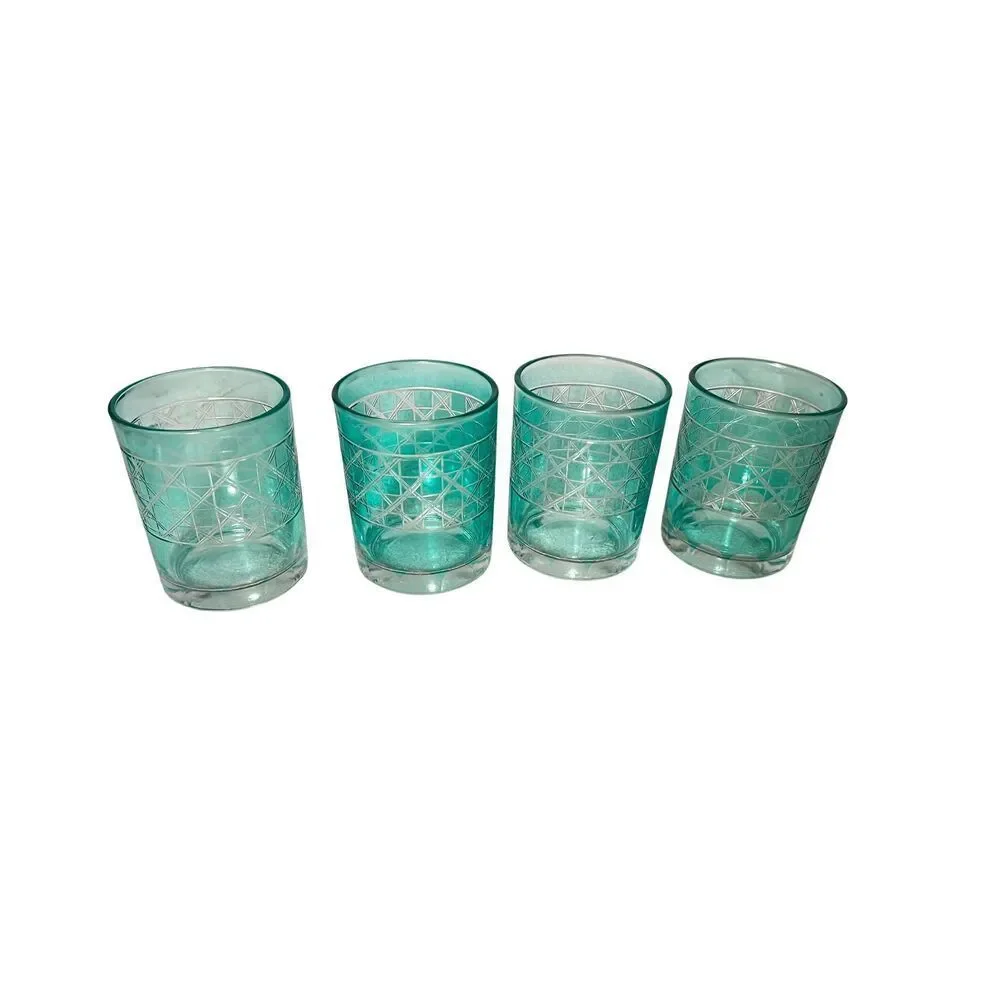 Anthropologie Bianca Jade Green Tumbler Drinking Glasses Etched Set of 4
